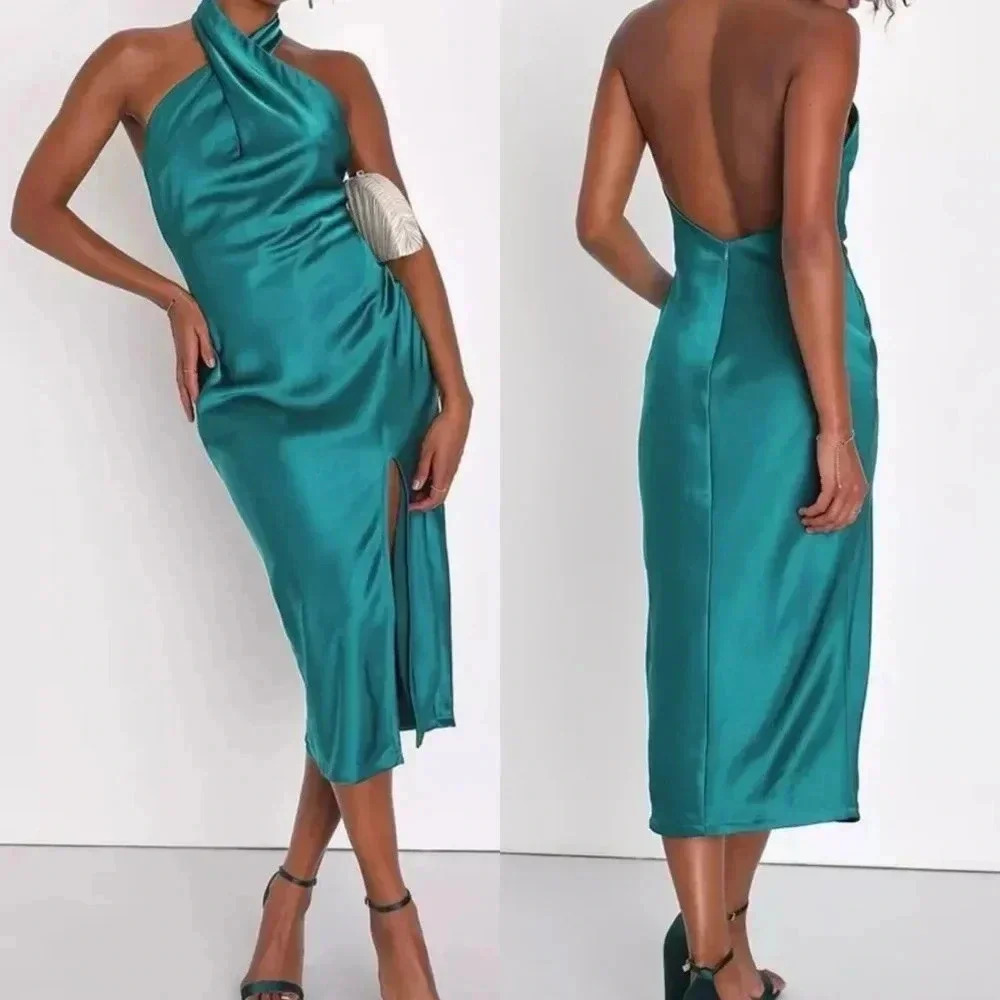 NWOT Lulus Beyond Classy Teal Green Satin Halter Dress